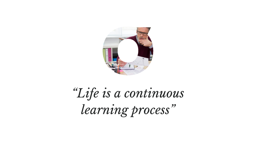 Header interview, viblio's logo and quote "Life is a continuos learning process"