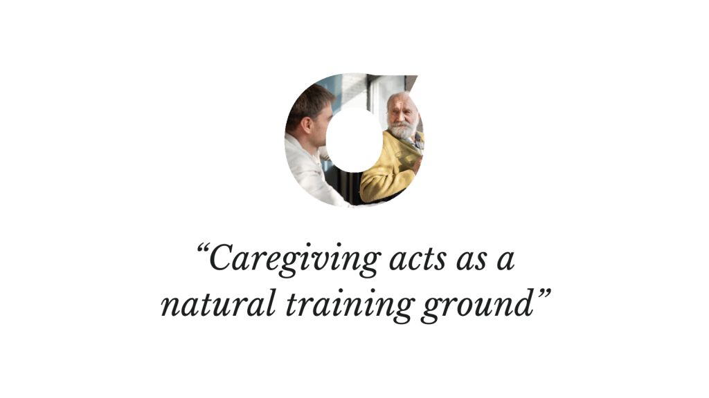 Header interview. Viblio's logo and quote "Cargiving acts as a natural training ground"